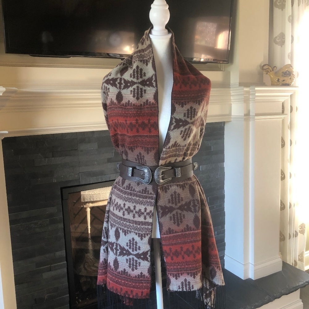 Wool blend wrap - One Size - Brown orange beige Southwestern vibe One size 71x24